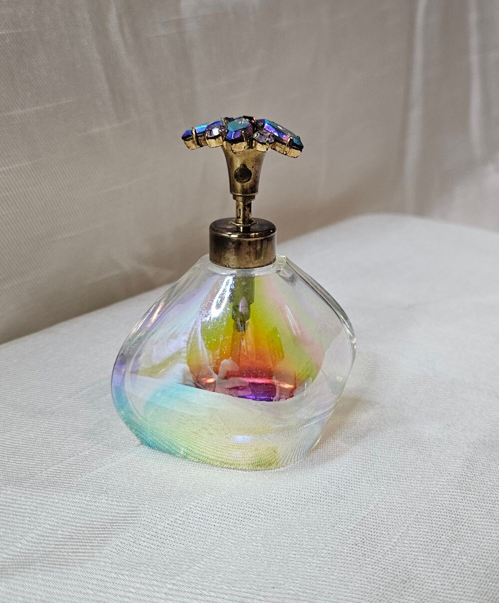 Vintage Iridescent Art Glass 3" Perfume Atomizer Bottle Bejeweled Floral Sprayer